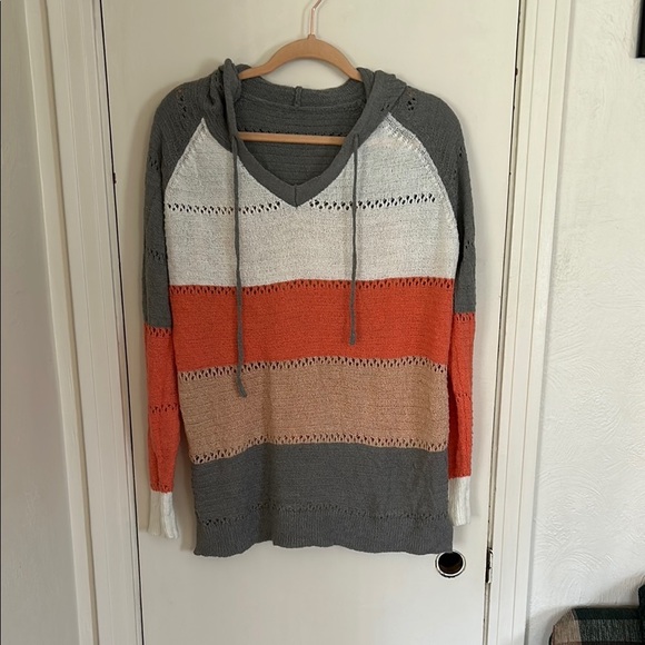 Sweaters - Striped Gray and Orange Women's Sweater